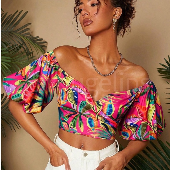Off the Shoulder Floral Puff Sleeve Shirred Sweetheart Neck Crop Top Multicolor - Picture 1 of 7